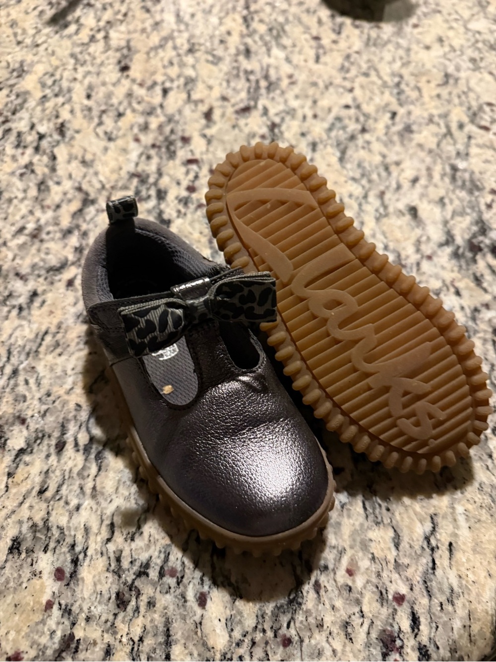 Clarks Metallic Black Mary Jane with Leopard Bow and Gum Sole
